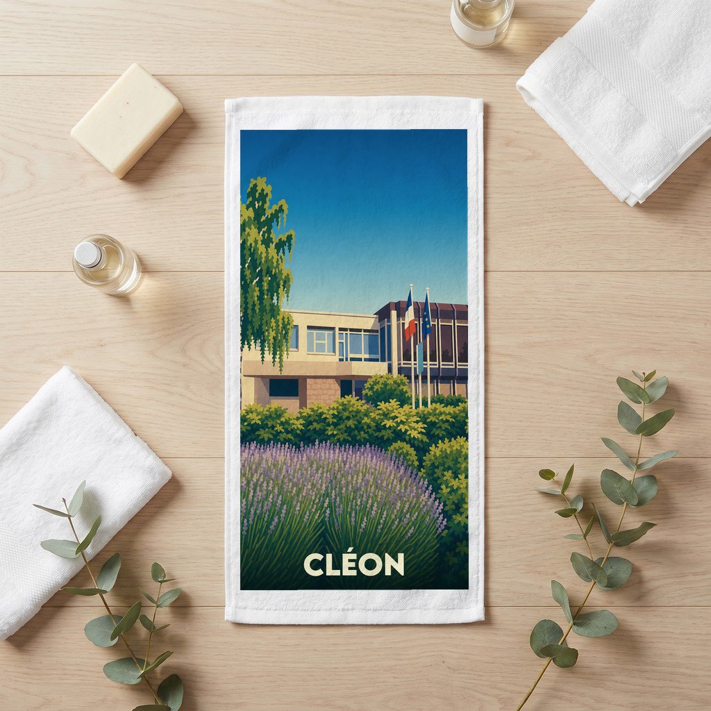 Serviette de bain souvenir de la ville de Cléon avec une illustration stylisée.