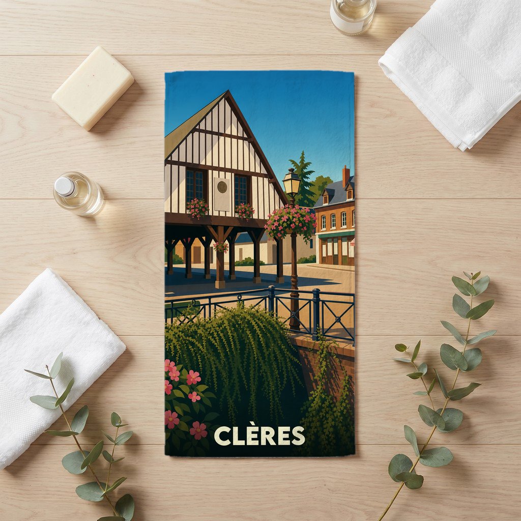 Serviette de bain souvenir de la ville de Clères avec une illustration stylisée.