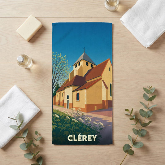 Serviette de bain souvenir de la ville de Clérey avec une illustration stylisée d'une église.