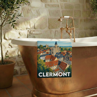 Serviette de bain souvenir de la ville de Clermont avec une illustration stylisée.