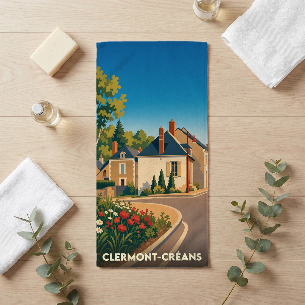 Serviette de bain souvenir de la ville de Clermont-Créans avec une illustration stylisée.