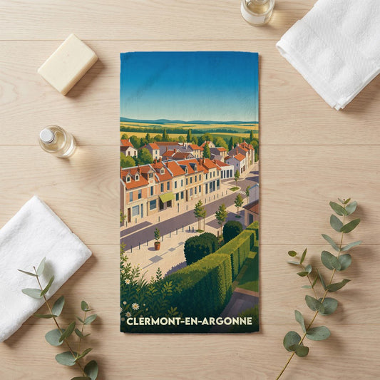 Serviette de bain souvenir de Clermont-en-Argonne avec une illustration stylisée de la ville.