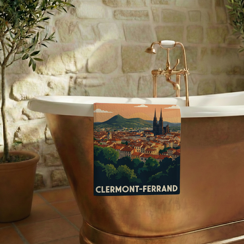 Serviette de bain souvenir de Clermont-Ferrand avec une illustration stylisée du panorama de la ville et du Puy de Dôme.