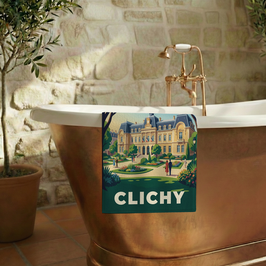 Serviette de bain souvenir de la ville de Clichy avec une illustration stylisée.