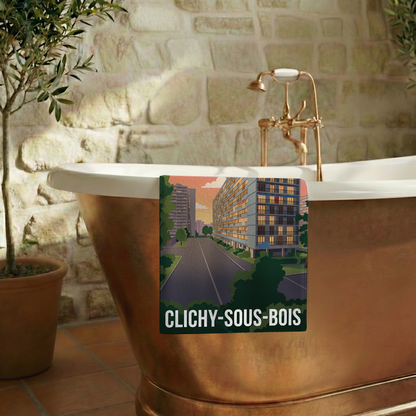 Serviette de bain souvenir de la ville de Clichy-sous-Bois avec une illustration stylisée.