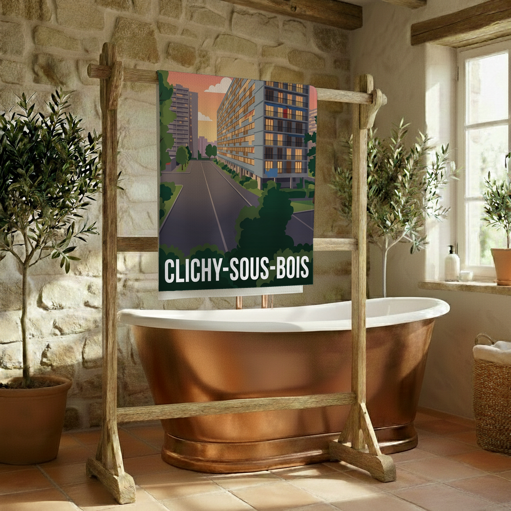 Serviette de bain souvenir de la ville de Clichy-sous-Bois avec une illustration stylisée.