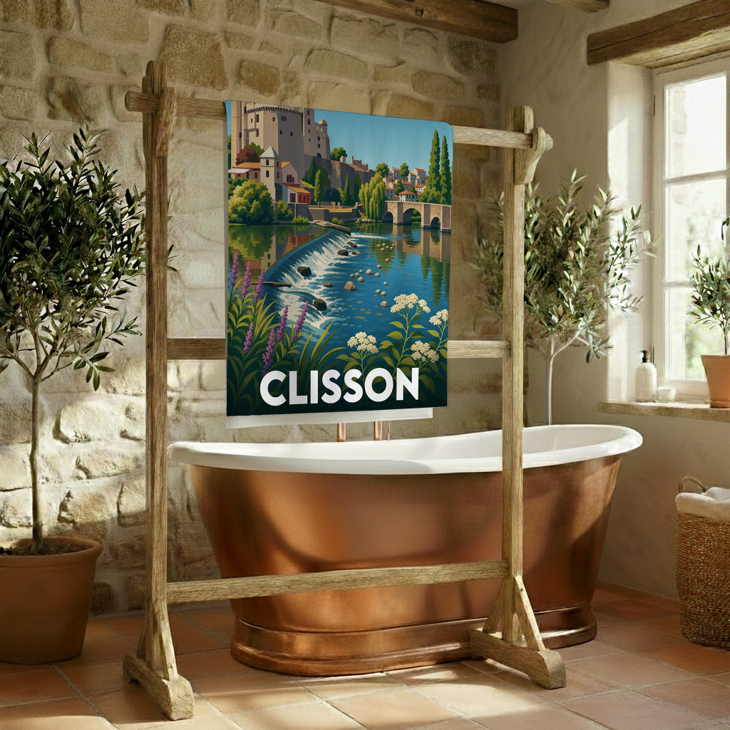 Serviette de bain souvenir de la ville de Clisson illustrée par un paysage stylisé.