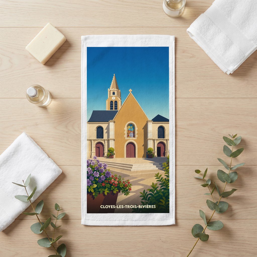 Serviette de bain souvenir de la ville de Cloyes-les-Trois-Rivières illustrée d'une église sous un ciel bleu.