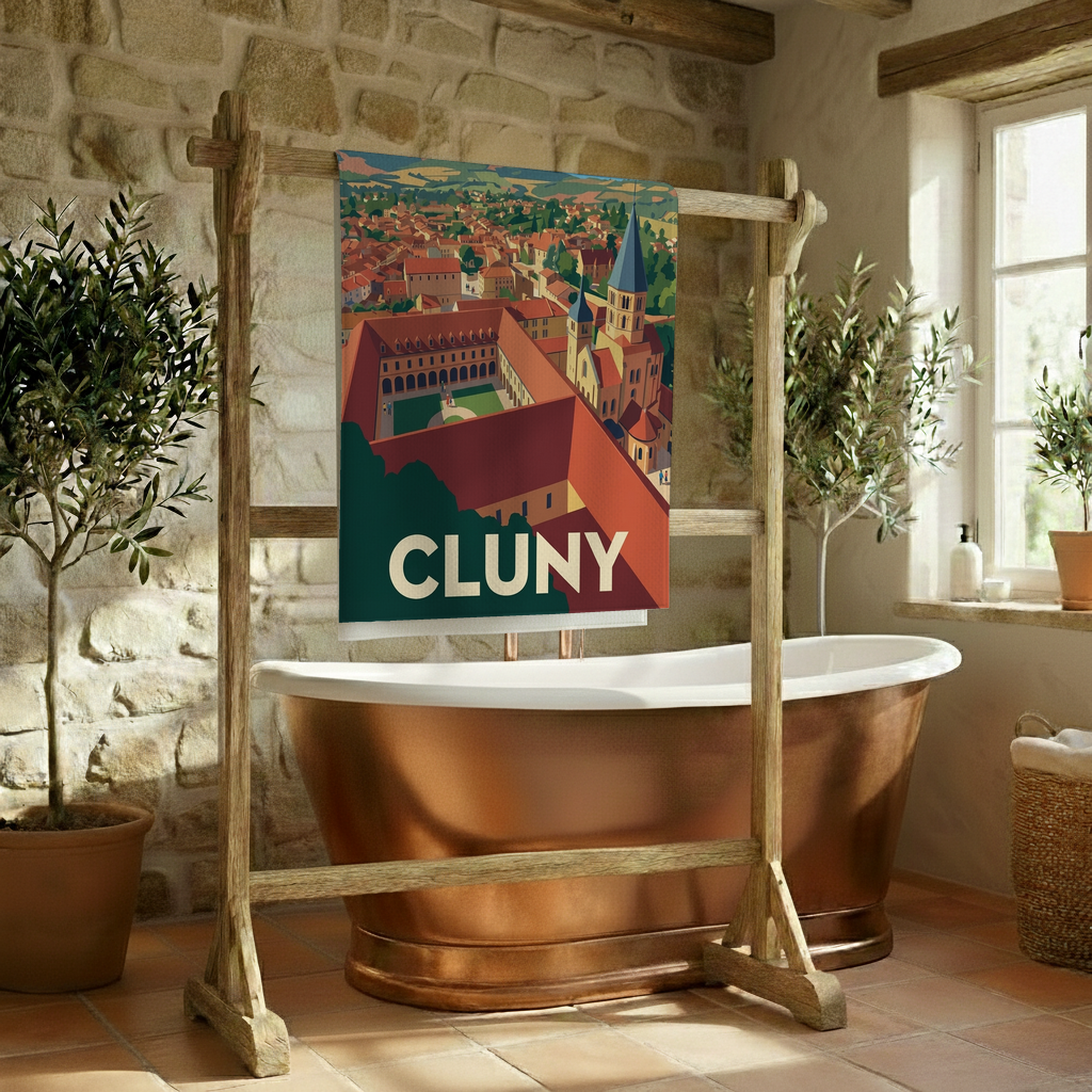 Serviette de bain souvenir de la ville de Cluny avec une illustration colorée et stylisée.