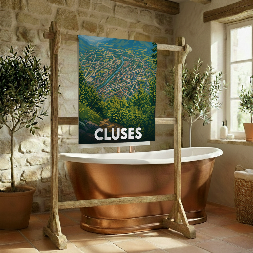 Serviette de bain souvenir de la ville de Cluses avec une illustration stylisée.