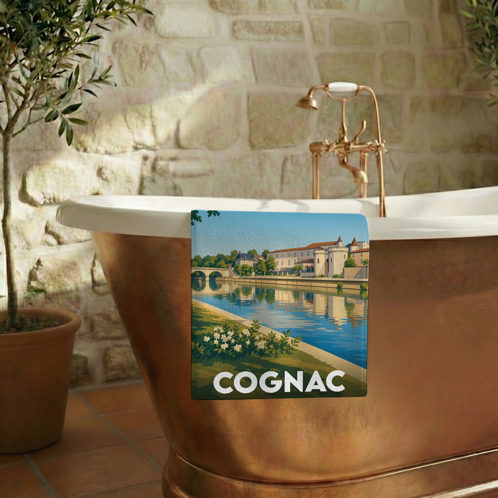 Serviette de bain souvenir de la ville de Cognac avec une illustration stylisée des bords de la Charente.