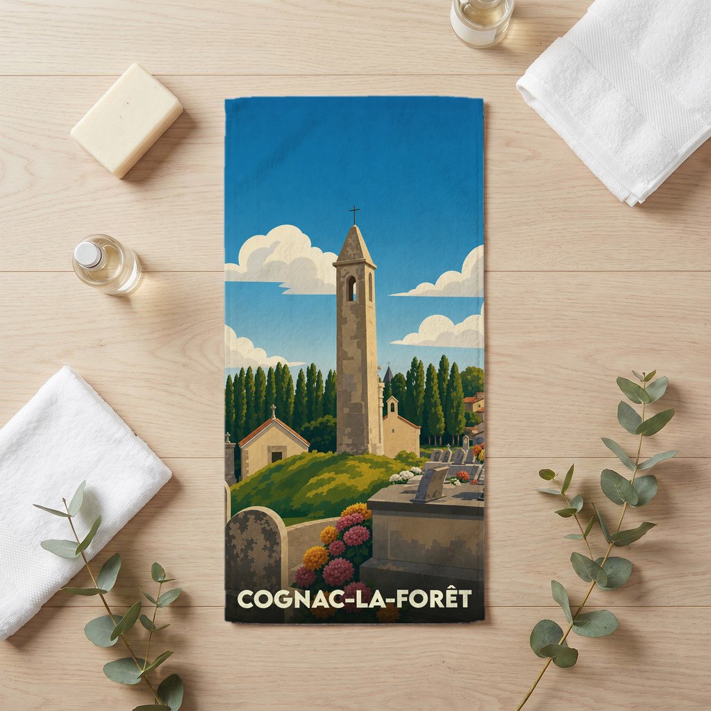 Serviette de bain souvenir de Cognac-la-Forêt illustrant son église et son cimetière dans un style vintage.