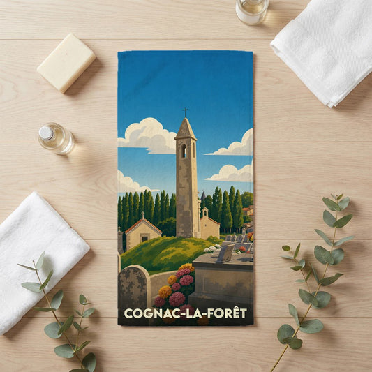 Serviette de bain souvenir de Cognac-la-Forêt illustrant son église et son cimetière dans un style vintage.