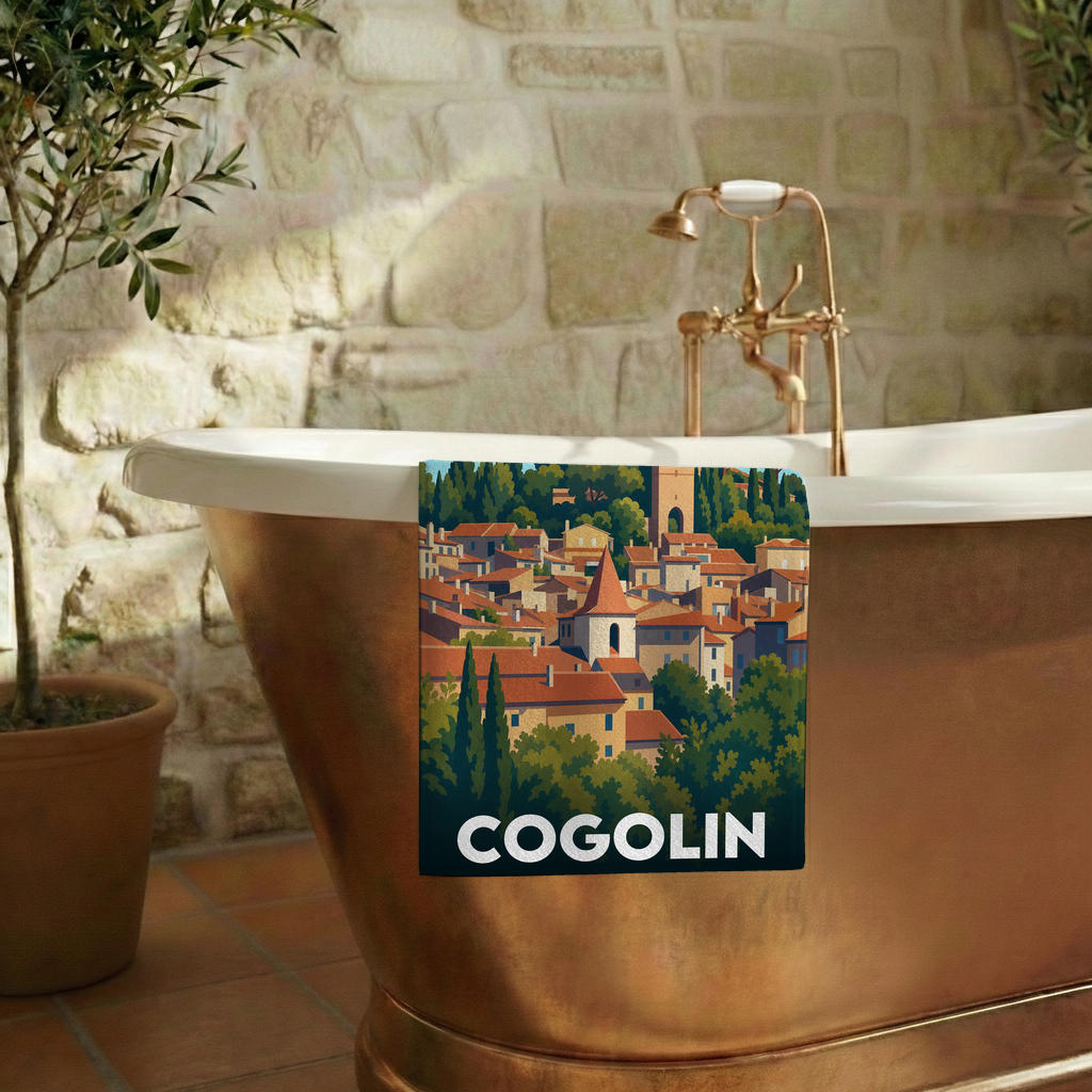 Serviette de bain souvenir de la ville de Cogolin avec une illustration stylisée.
