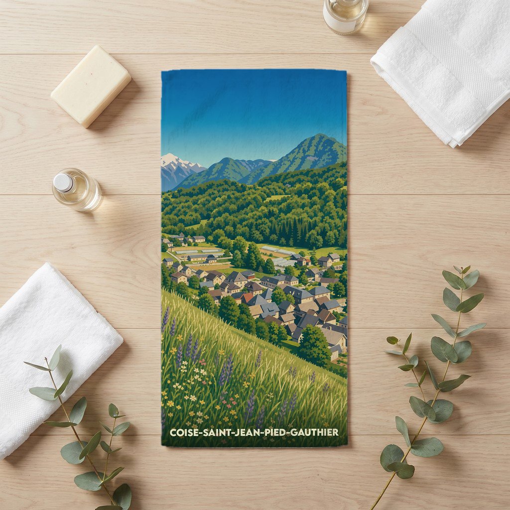 Serviette de bain souvenir de la ville de Coise-Saint-Jean-Pied-Gauthier avec une illustration de paysage montagneux.
