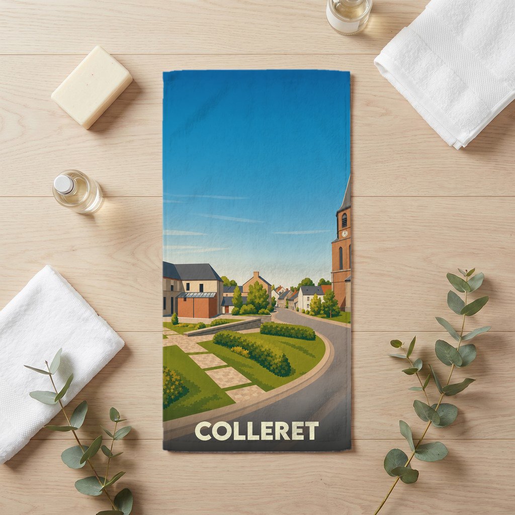 Serviette de bain souvenir de la ville de Colleret avec une illustration stylisée.