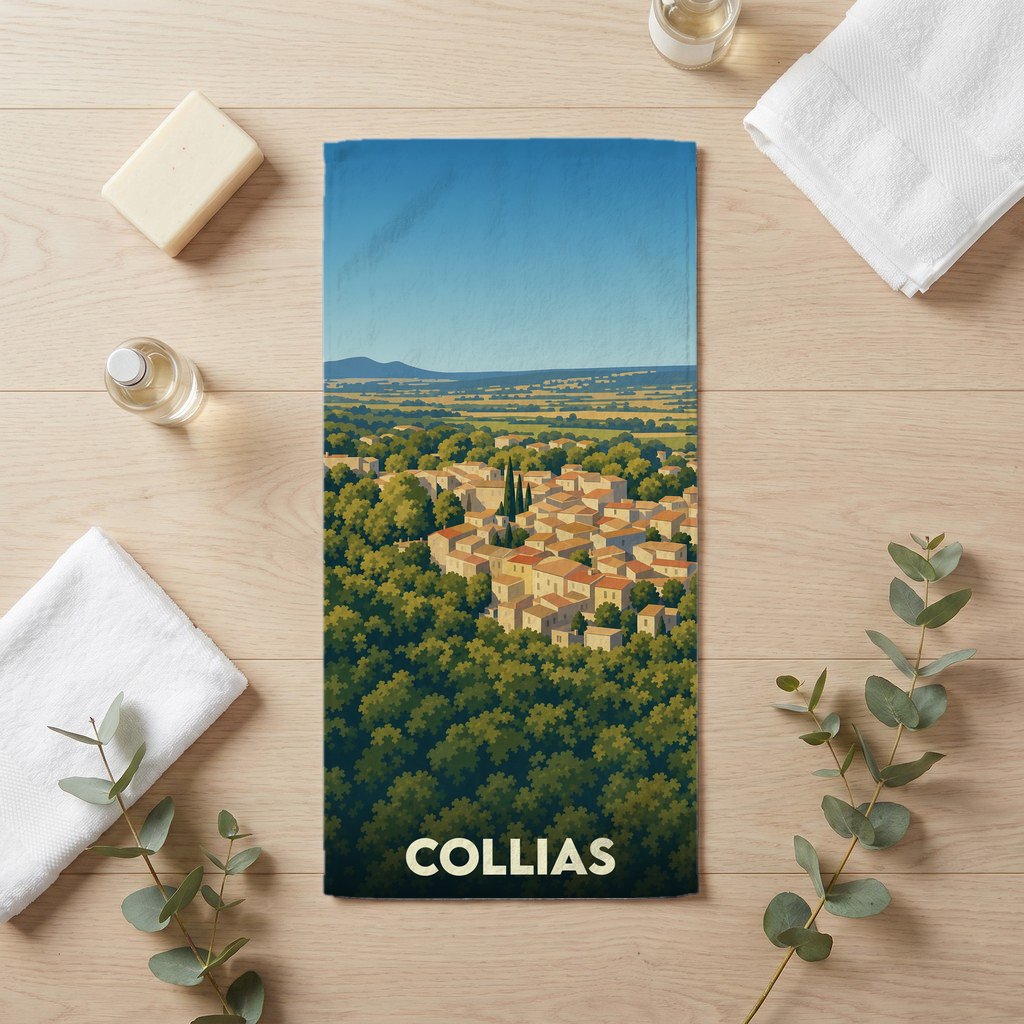 Serviette de bain souvenir de la ville de Collias avec une illustration stylisée de son paysage.
