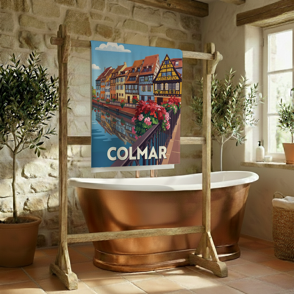 Serviette de bain souvenir de la ville de Colmar avec une illustration stylisée de ses maisons alsaciennes.
