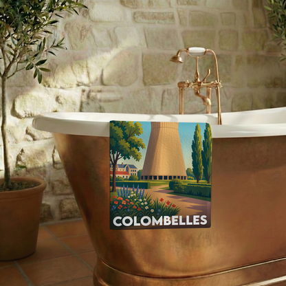 Serviette de bain souvenir de la ville de Colombelles avec une illustration stylisée.
