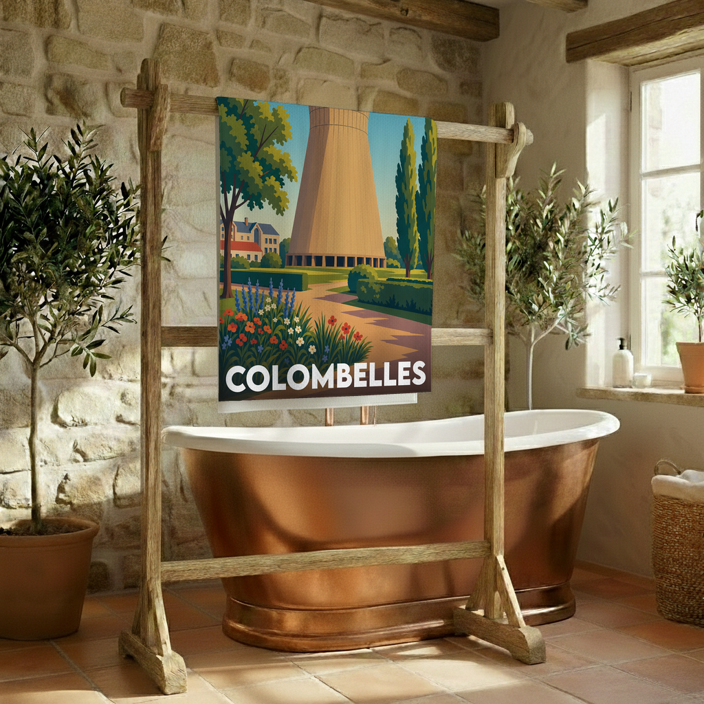 Serviette de bain souvenir de la ville de Colombelles avec une illustration stylisée.