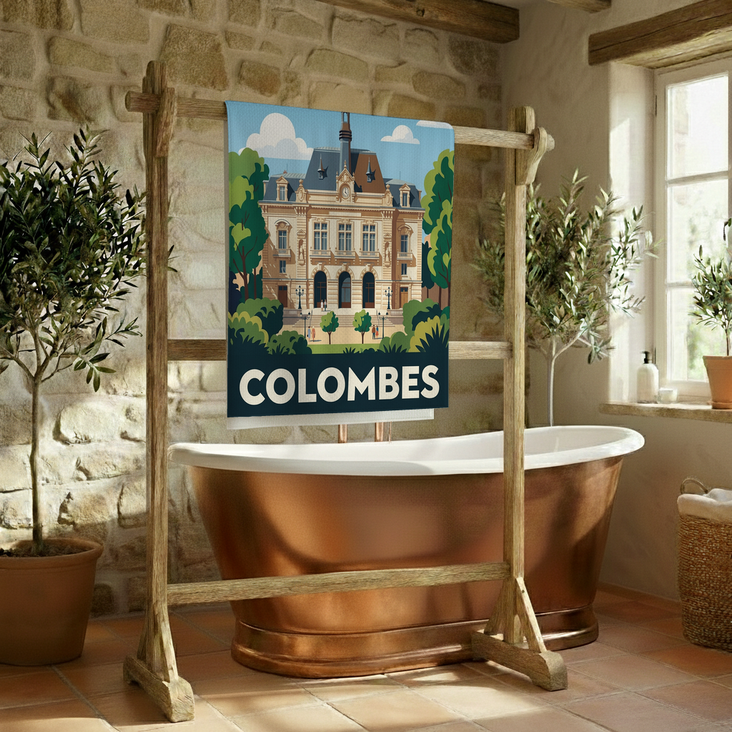 Serviette de bain souvenir de la ville de Colombes avec une illustration stylisée.