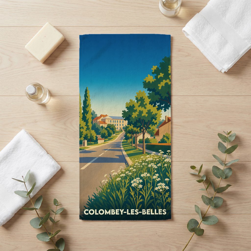 Serviette de bain souvenir de la ville de Colombey-les-Belles avec une illustration stylisée.