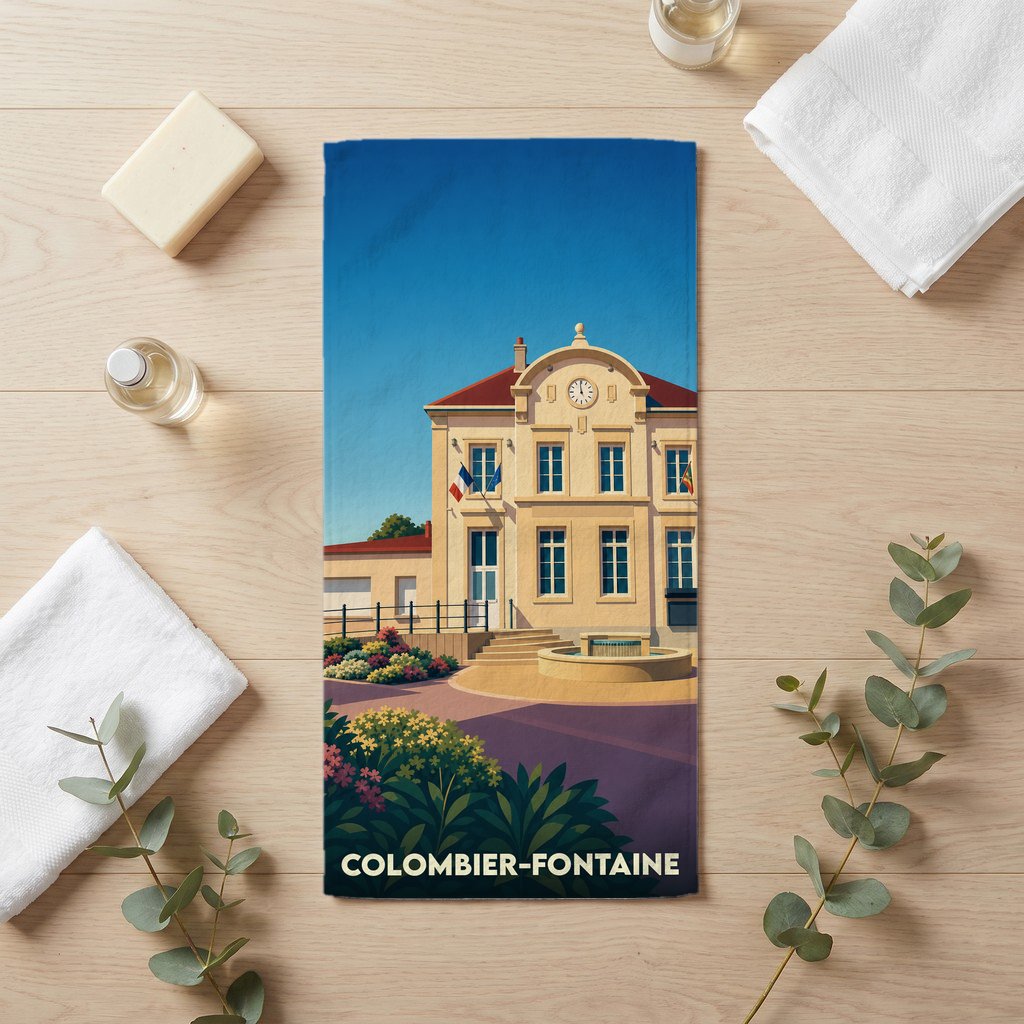Serviette de bain souvenir de la ville de Colombier-Fontaine avec une illustration stylisée de sa mairie.