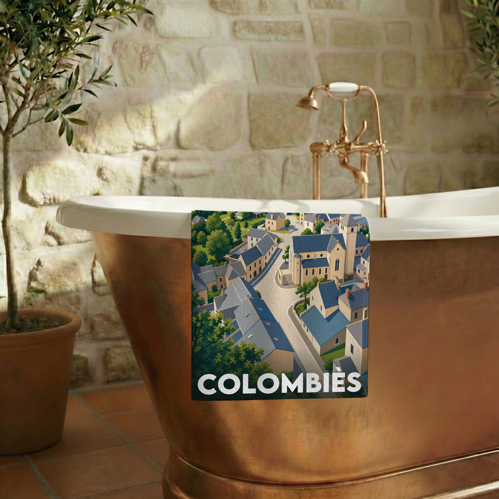 Serviette de bain souvenir de la ville de Colombiès avec une illustration stylisée.