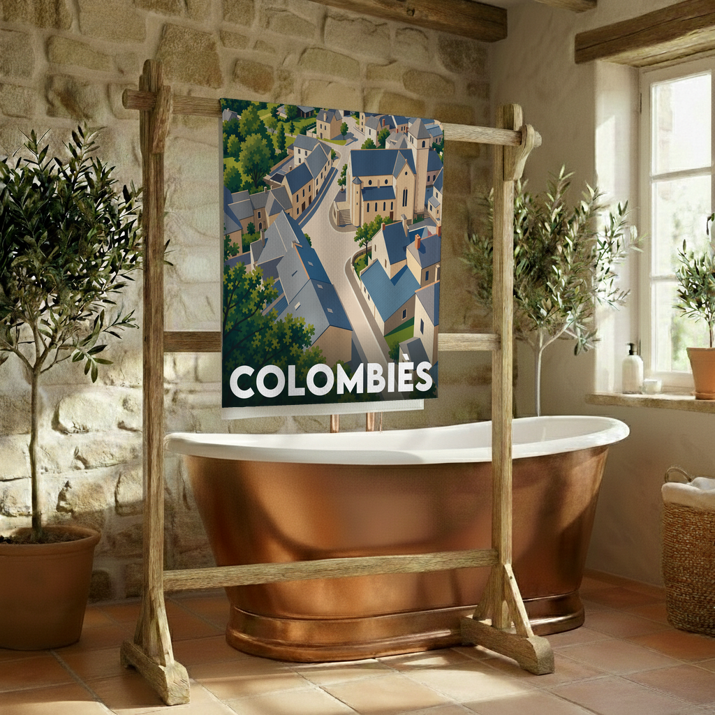 Serviette de bain souvenir de la ville de Colombiès avec une illustration stylisée du village.