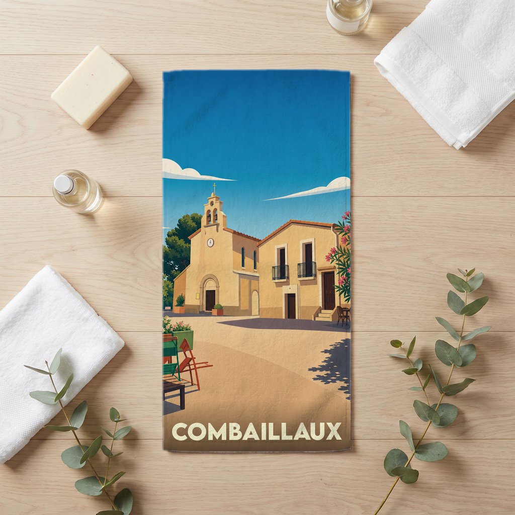 Serviette de bain souvenir de la ville de Combaillaux avec une illustration stylisée.