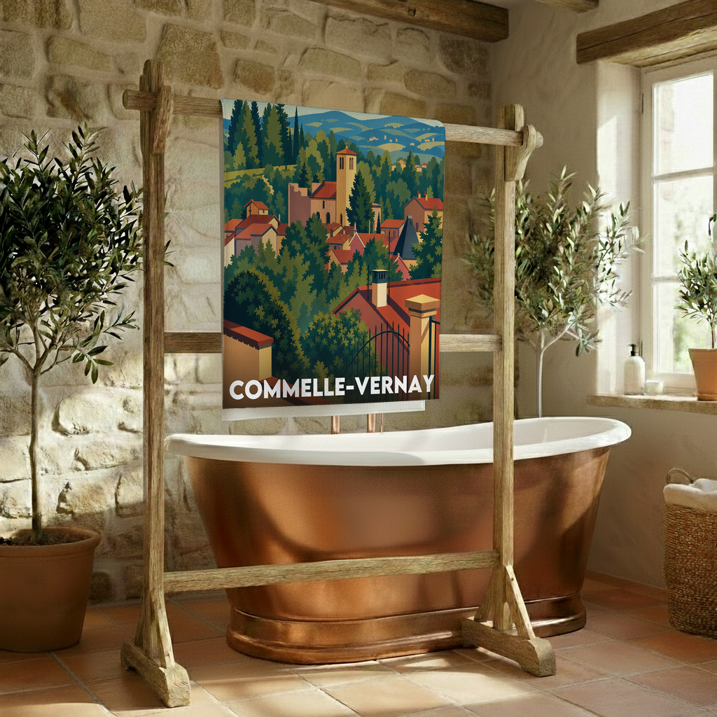 Serviette de bain souvenir de la ville de Commelle-Vernay avec une illustration stylisée.