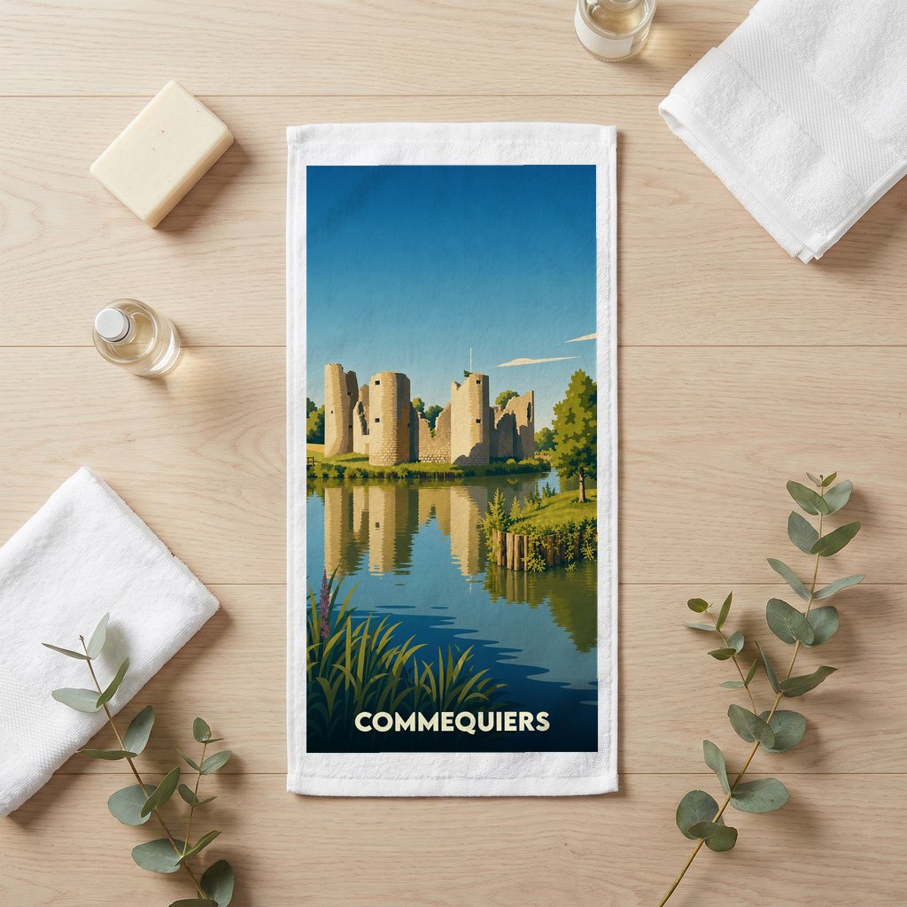 Serviette de bain souvenir de la ville de Commequiers avec une illustration stylisée de son château médiéval.
