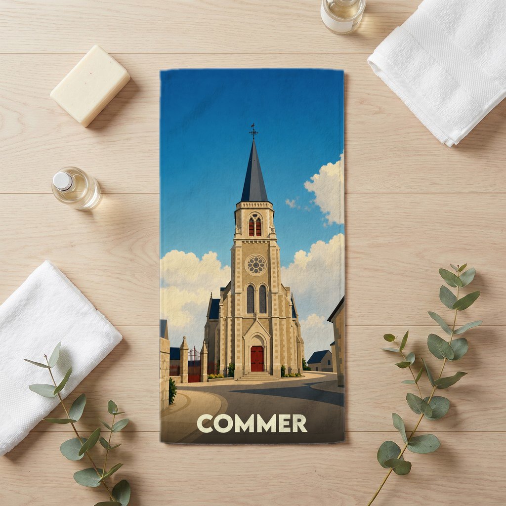 Serviette de bain souvenir de la ville de Commer avec une illustration stylisée de son église.