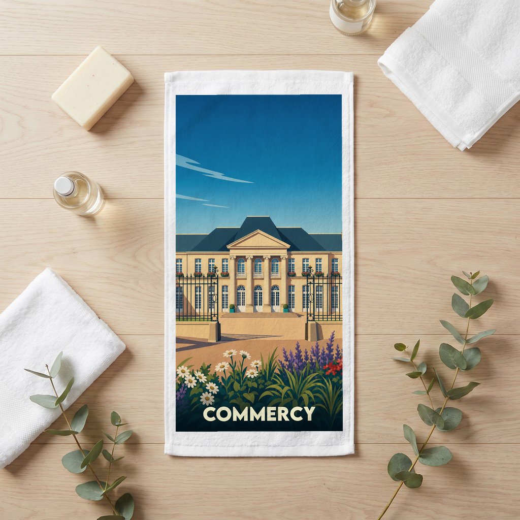 Serviette de bain souvenir de la ville de Commercy ornée d'une illustration stylisée de son château.