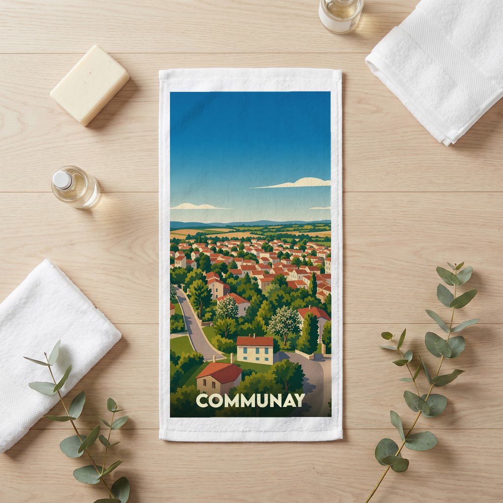 Serviette de bain souvenir de la ville de Communay avec une illustration de paysage urbain.