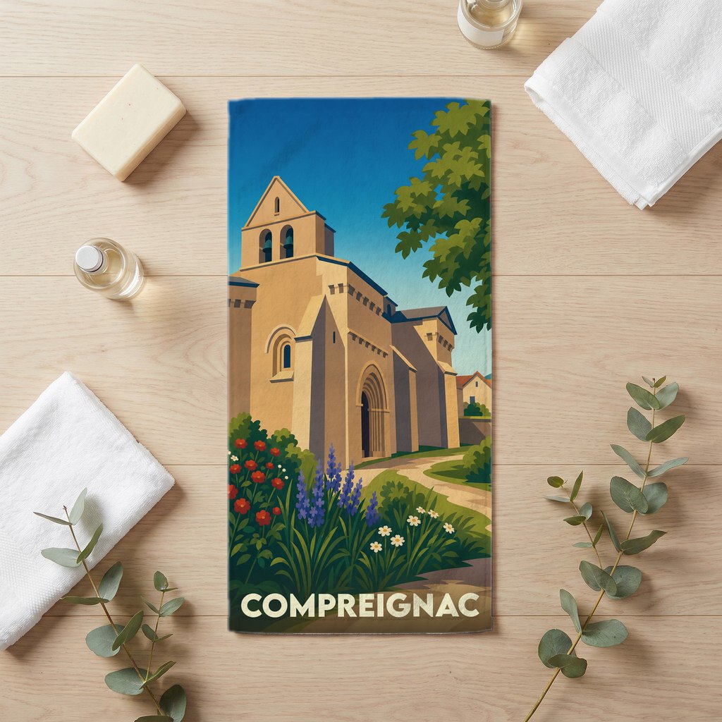 Serviette de bain souvenir de la ville de Compreignac avec une illustration stylisée de son église.