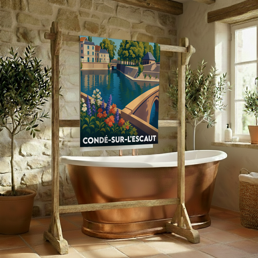 Serviette de bain souvenir de la ville de Condé-sur-l'Escaut avec une illustration stylisée.