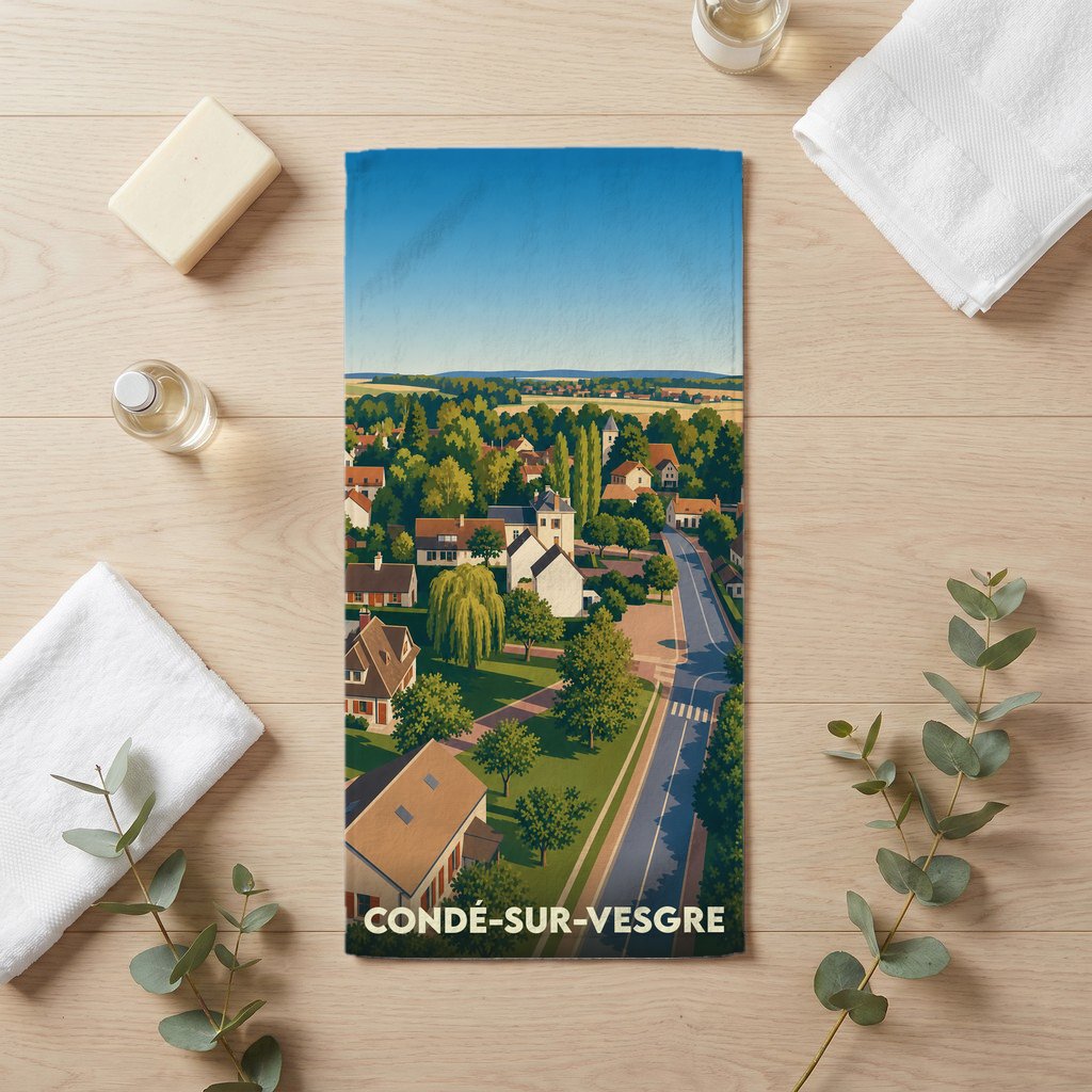 Serviette de bain souvenir de la ville de Condé-sur-Vesgre avec une illustration stylisée.