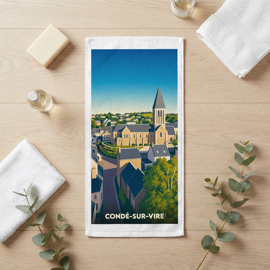 Serviette de toilette souvenir de la ville de Condé-sur-Vire avec une illustration stylisée.