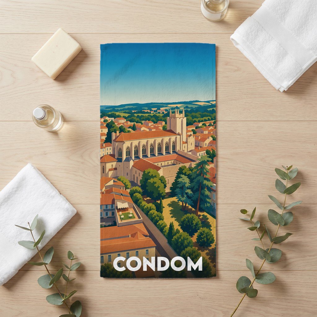 Serviette de bain souvenir de la ville de Condom avec une illustration stylisée.
