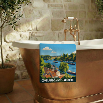 Serviette de bain souvenir de la ville de Conflans-Sainte-Honorine avec une illustration stylisée.