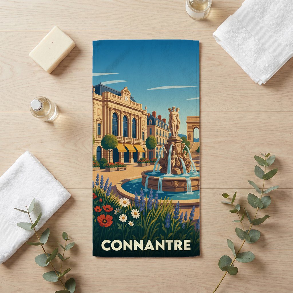 Serviette de bain souvenir de la ville de Connantre illustrée d'une fontaine et d'une architecture classique.