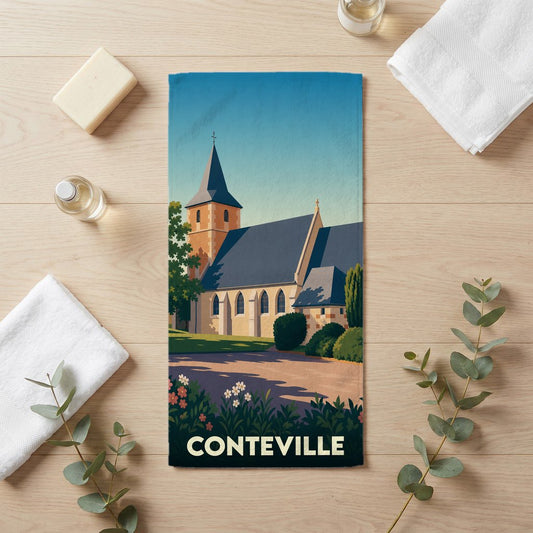 Serviette de bain souvenir de la ville de Conteville avec une illustration stylisée de son église.