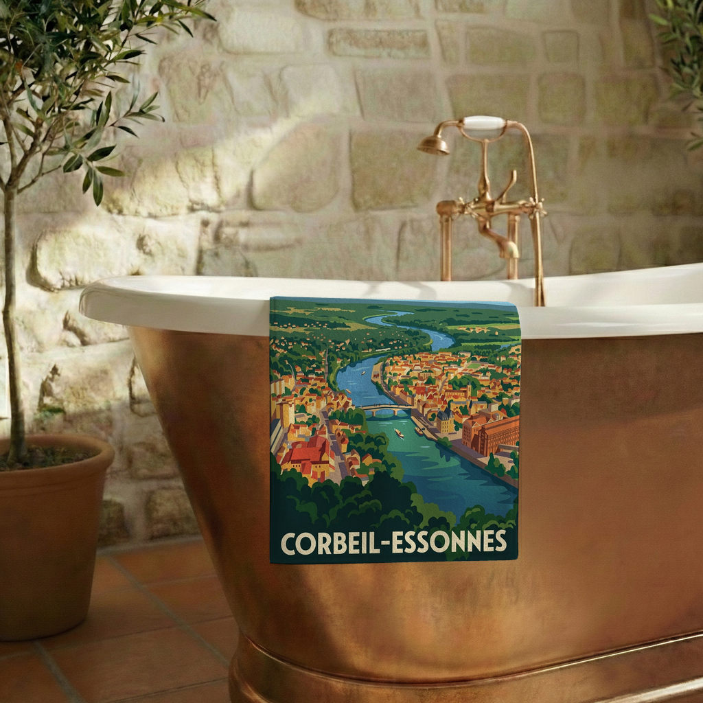 Serviette de bain souvenir de la ville de Corbeil-Essonnes avec une illustration stylisée.