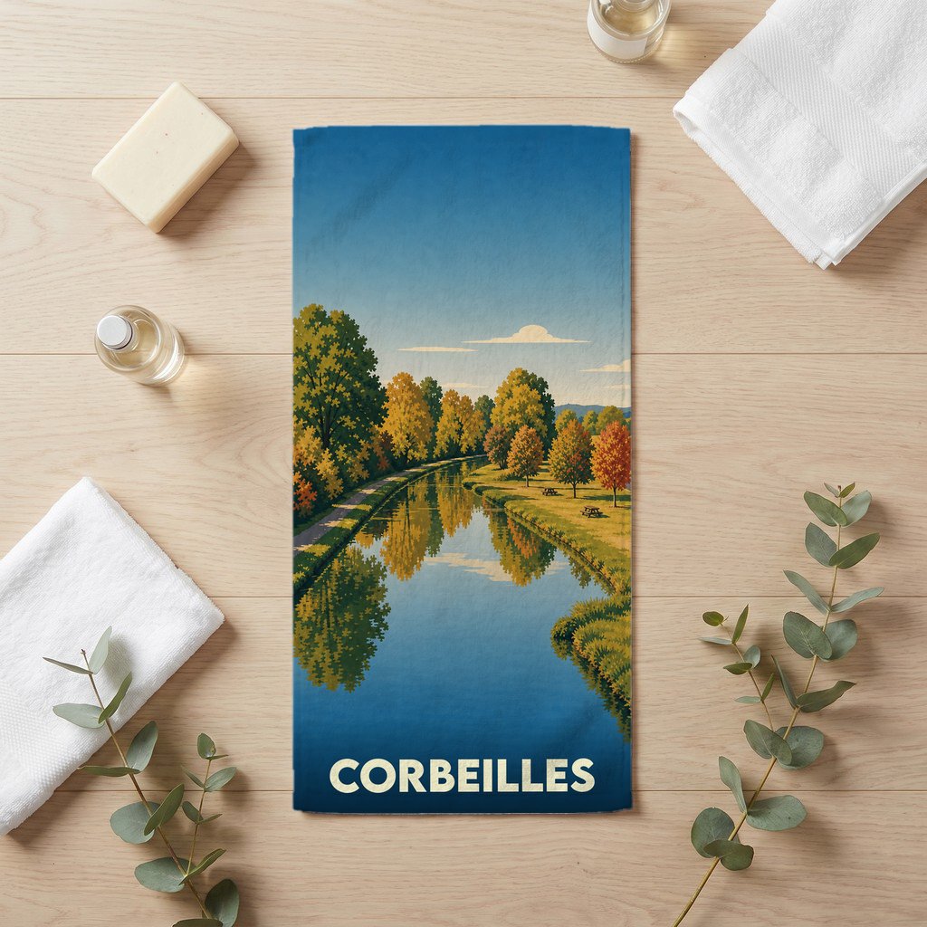 Serviette de bain souvenir de la ville de Corbeilles illustrée d'un paysage automnal au bord de l'eau.