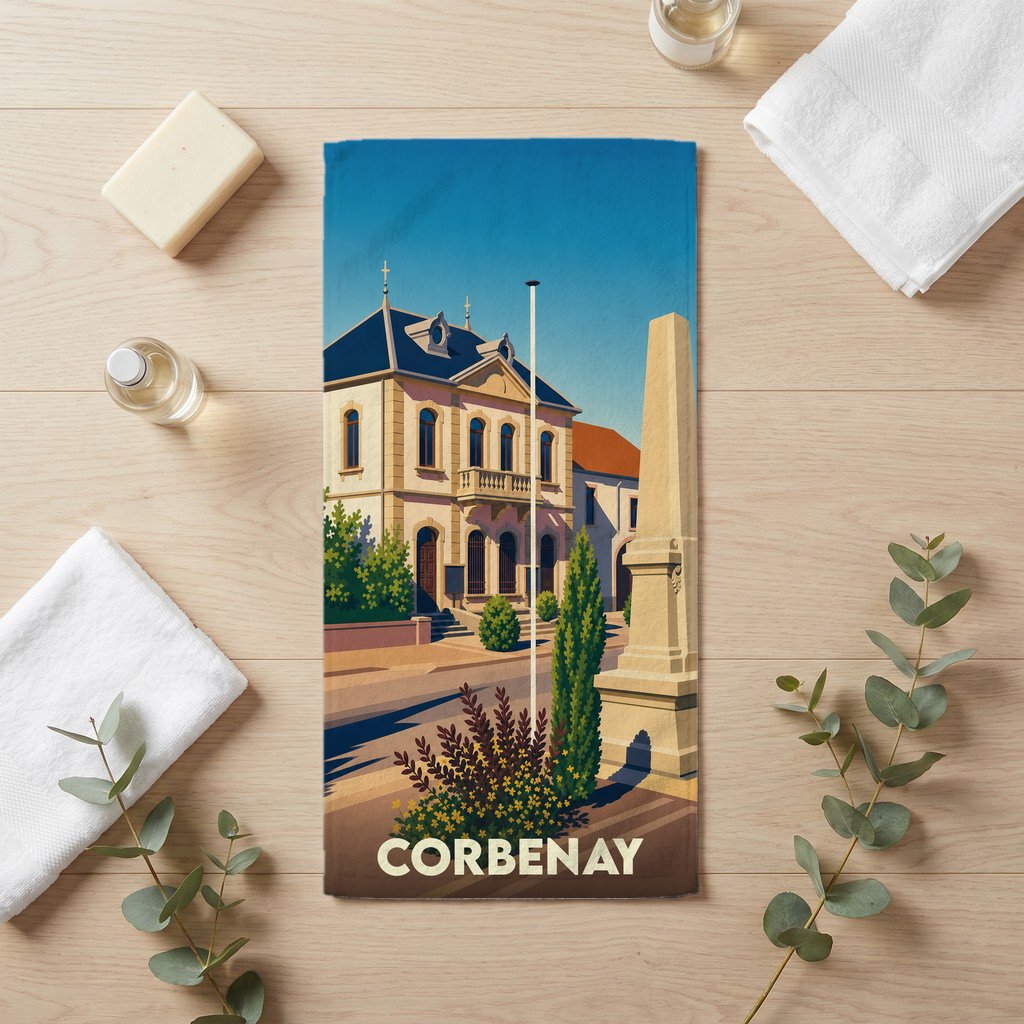 Serviette de bain souvenir de la ville de Corbenay illustrée d'un bâtiment historique et d'un monument.