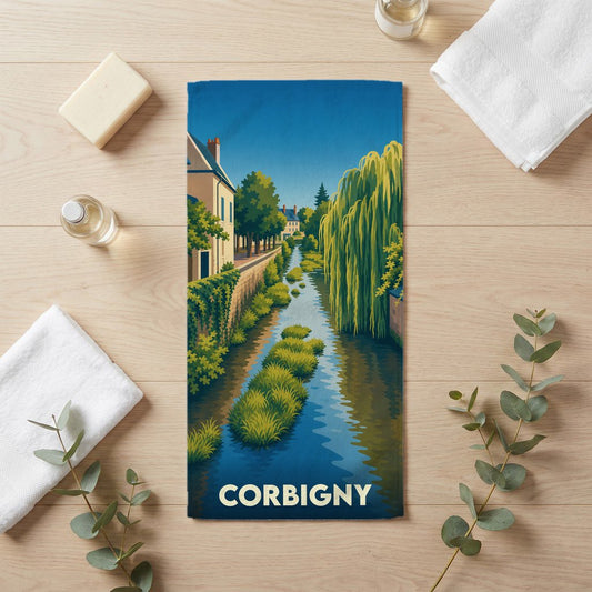 Serviette de bain souvenir de la ville de Corbigny avec une illustration stylisée de ses canaux et de sa végétation.