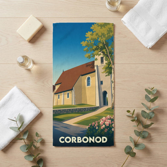 Serviette de bain souvenir de la ville de Corbonod avec une illustration stylisée de son église.