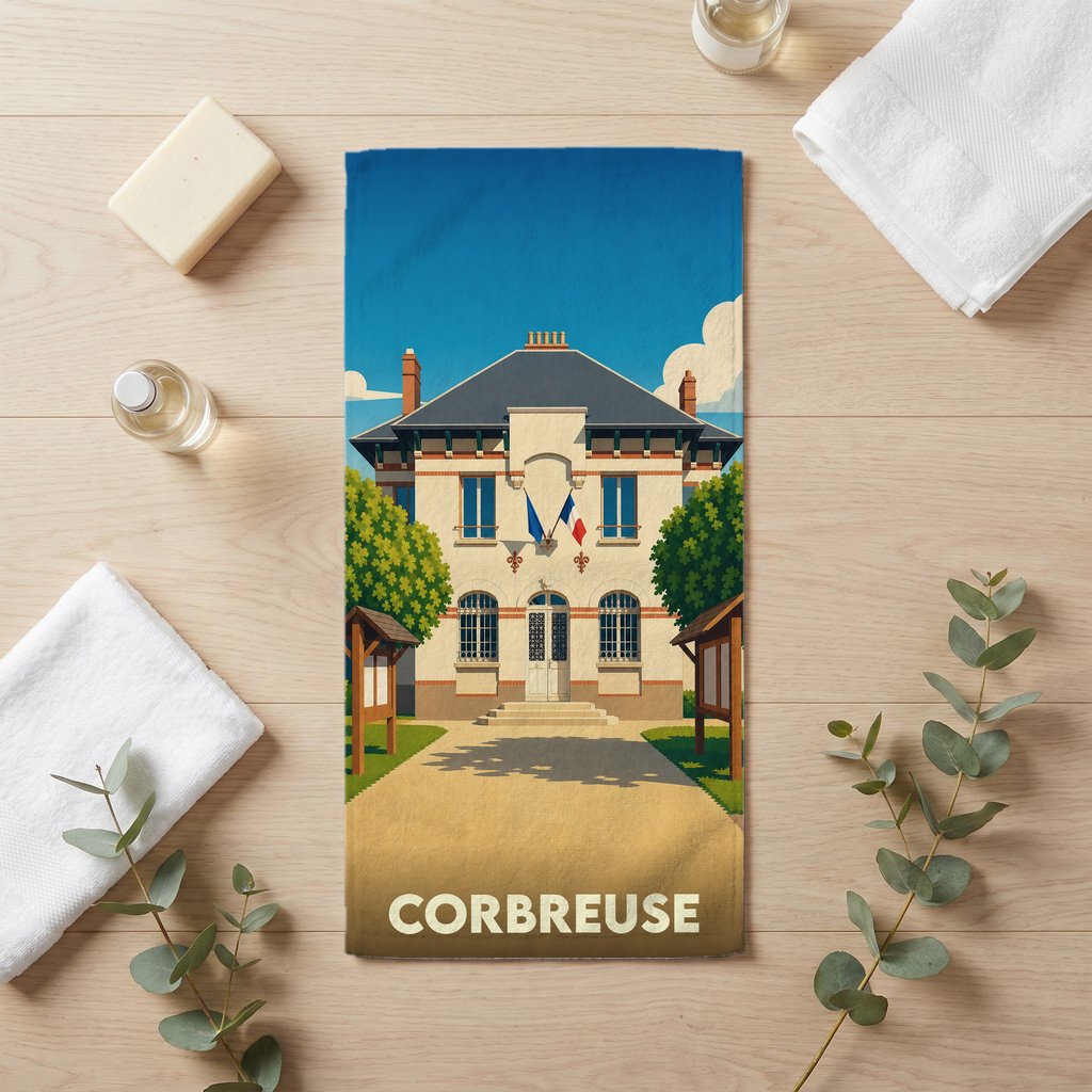 Serviette de bain souvenir de la ville de Corbreuse avec une illustration stylisée de sa mairie.