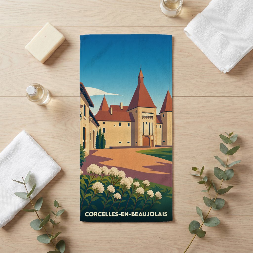 Serviette de bain souvenir de Corcelles-en-Beaujolais avec une illustration stylisée de son château.